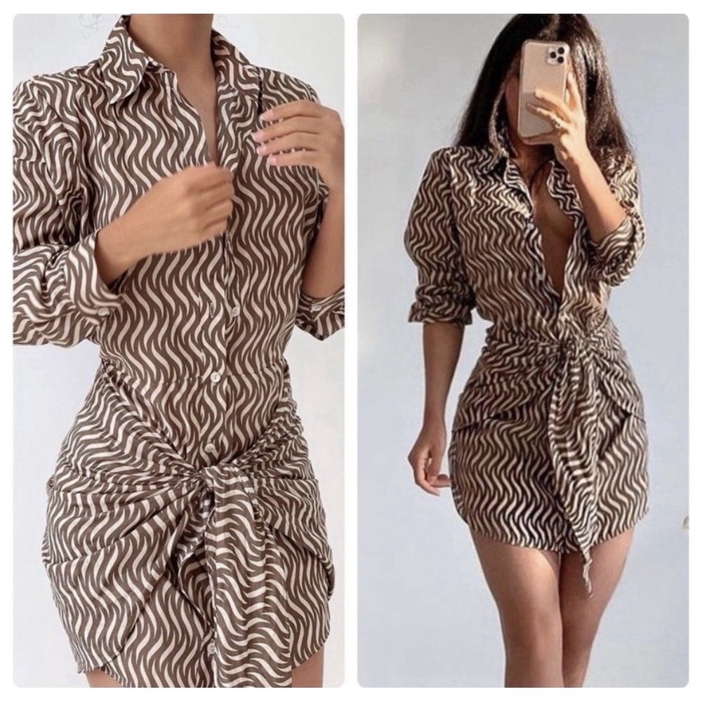 Zara Bloggers Favorite Print Wrap Dress Knot Front Mini Shirt Dress